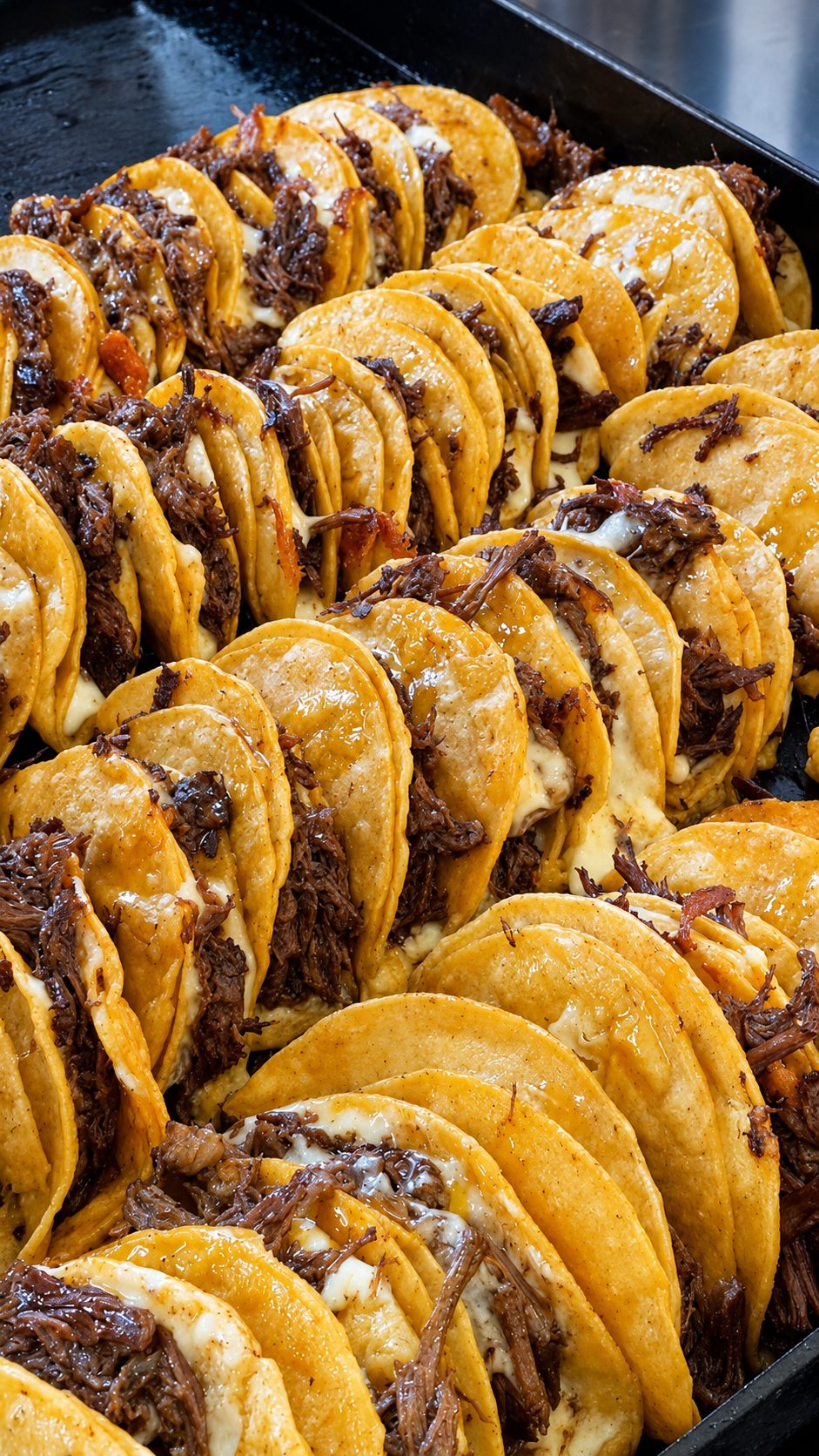 A catering tray packed with dozens of folded quesabirria tacos