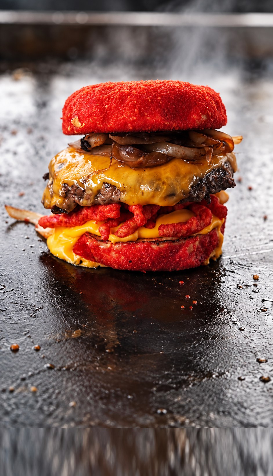 The Hot Cheeto Burger on the griddle: a beef patty with melted cheddar and caramelized onions between two red Cheeto-crusted buns